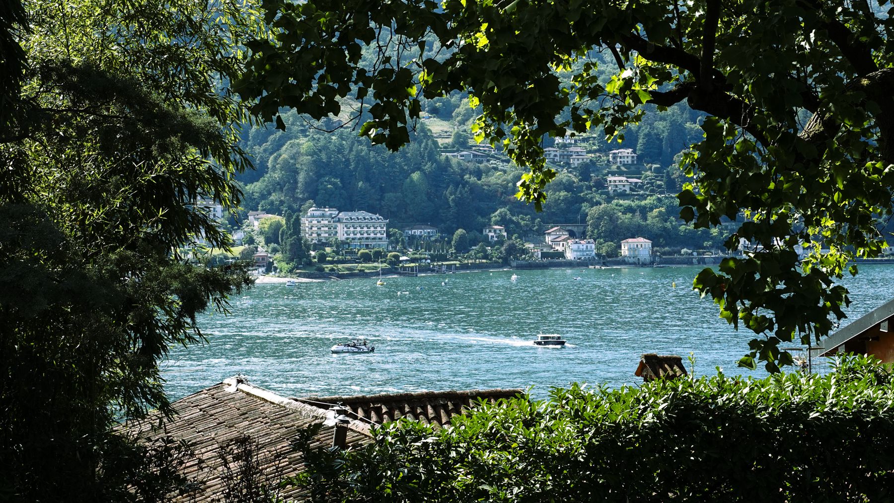 Lake shore framed by trees, boats on blue water